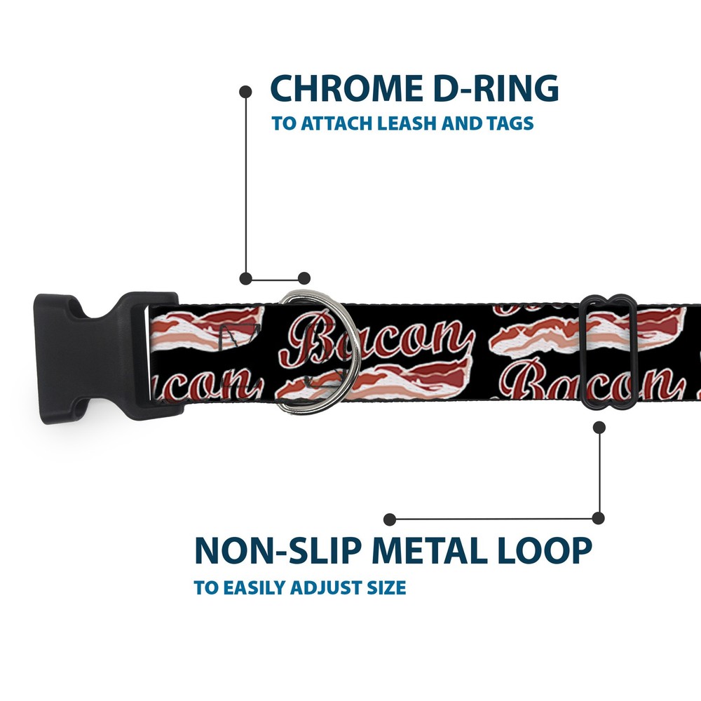 Plastic Clip Collar BACON Baseball Script NARROW-Large 9.5-14.5"