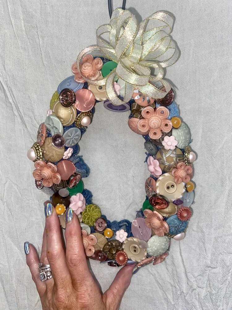 Handmade Oval Wreath 10" Buttons Easter Egg Spring Decor Pastel