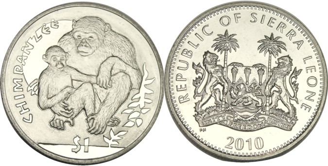 elf Sierra Leone 1 Dollar 2010 Chimpanzee Monkey
