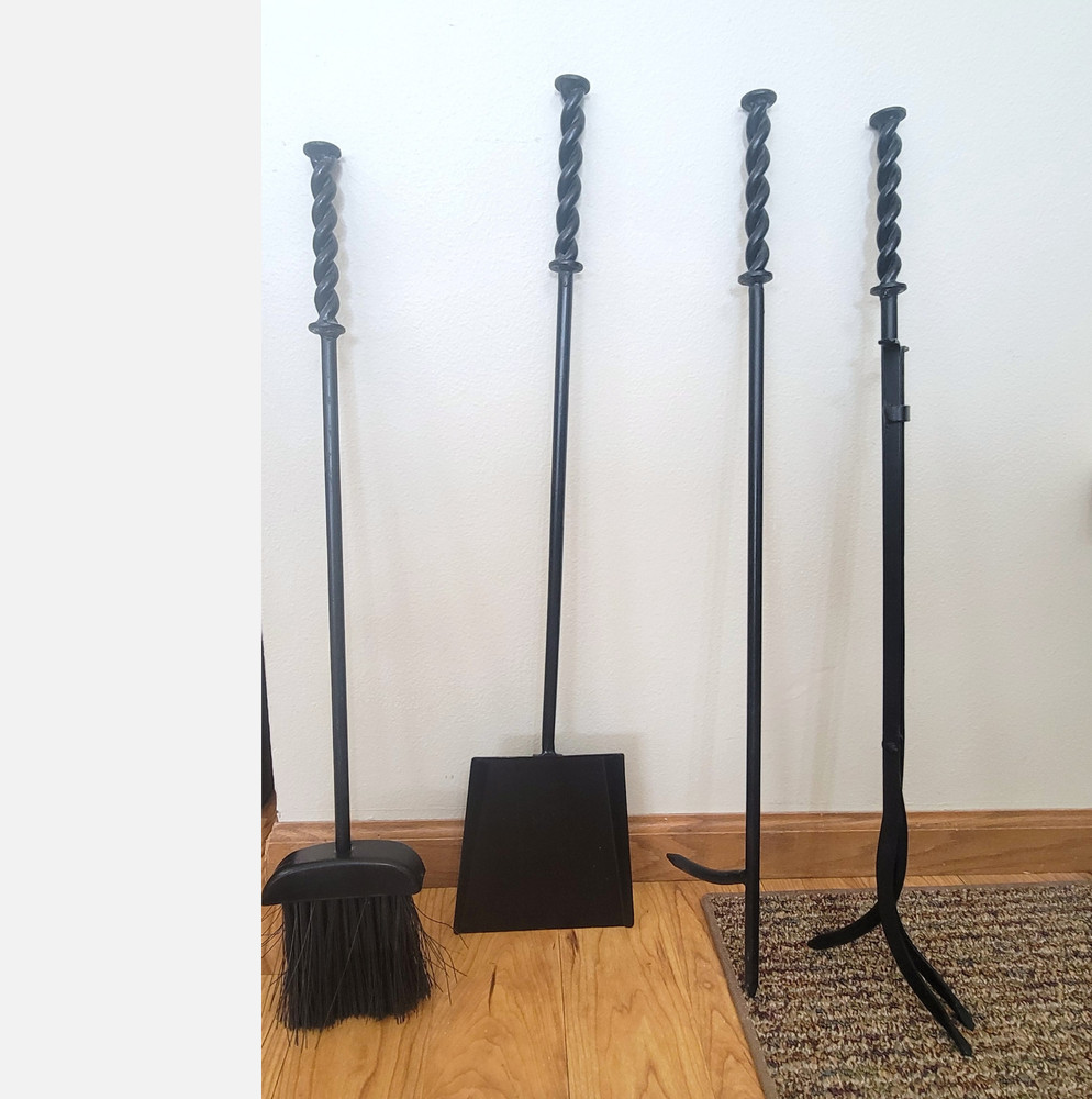 Vintage Black Wrought Iron Leaf Fireplace Tools Set