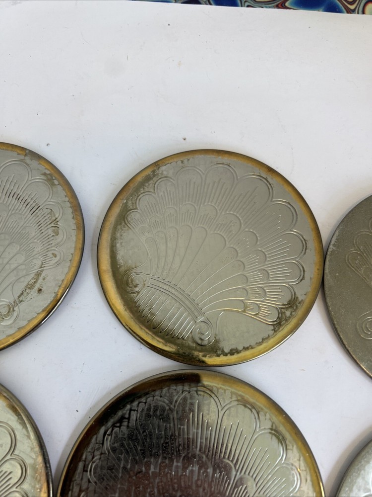 VTG Silver Plated 7 Piece 6 Coaster Set & Holder Etched With Shell Design