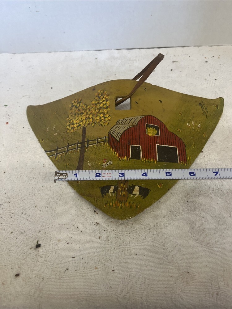Vtg Hand Painted Plow Blade Red Barn Scene Signed