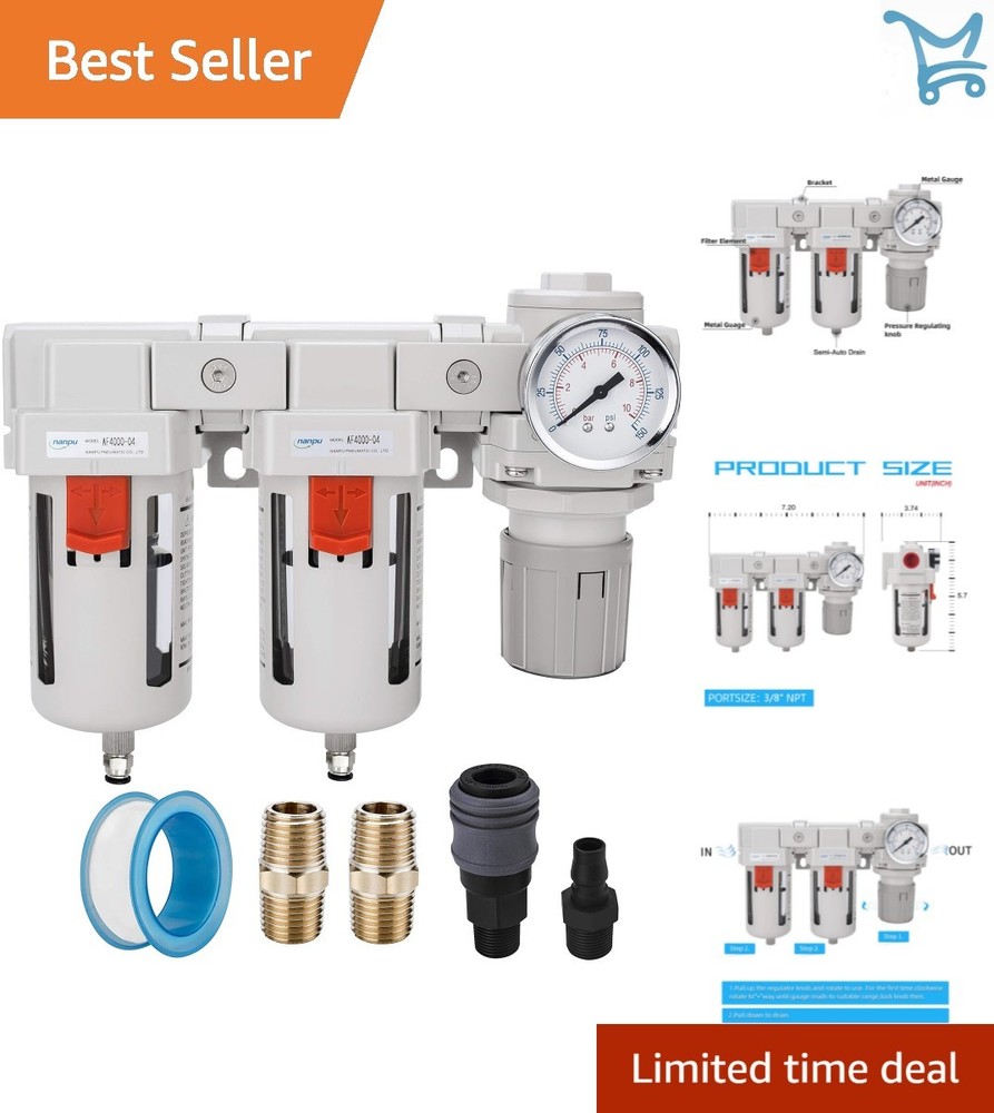 Air Drying System 3/8NPT Filter Regulator Combo Semi-Auto Drain 5 Micron
