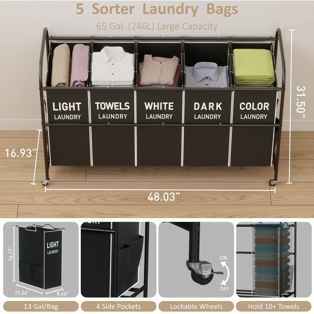 5-Section Laundry Sorter Cart, Large Laundry Hamper with Lockable Rolling Whe...