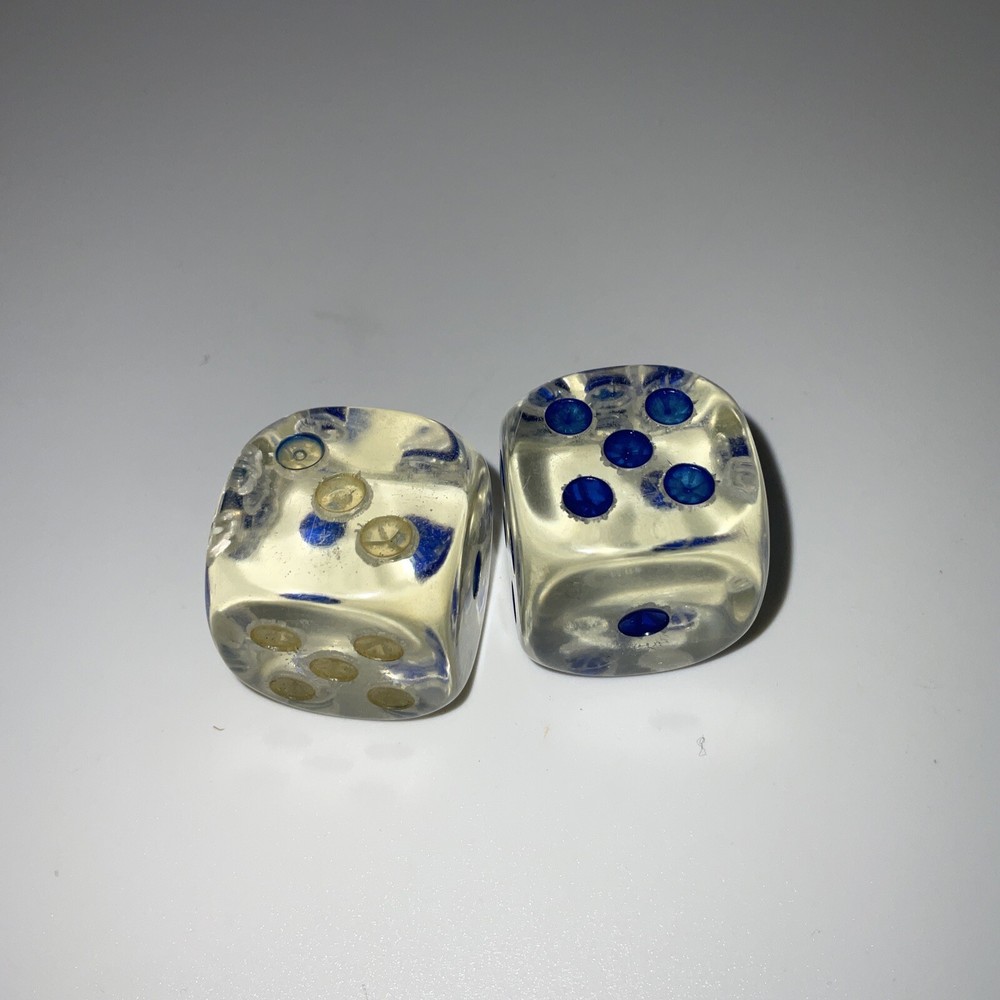2 Pc Pair Large Vintage Translucent Clear/ Blue Pips Dice