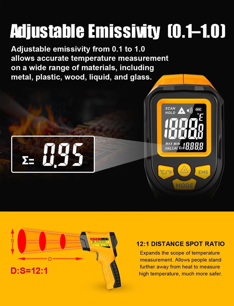 Thermometer , -58℉ to 1472℉, High Precision, Non-Laser Temperature Sensor wit...