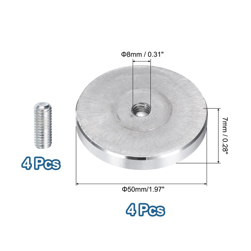 4pcs M8 Thread 50mm Diameter Round Shape Aluminum Disc Hardware, Silver