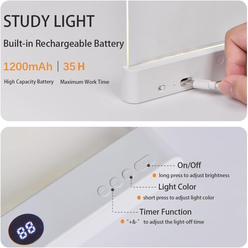 Adjustable 3-Color LED Book Light with Timer & Memory Function - Black