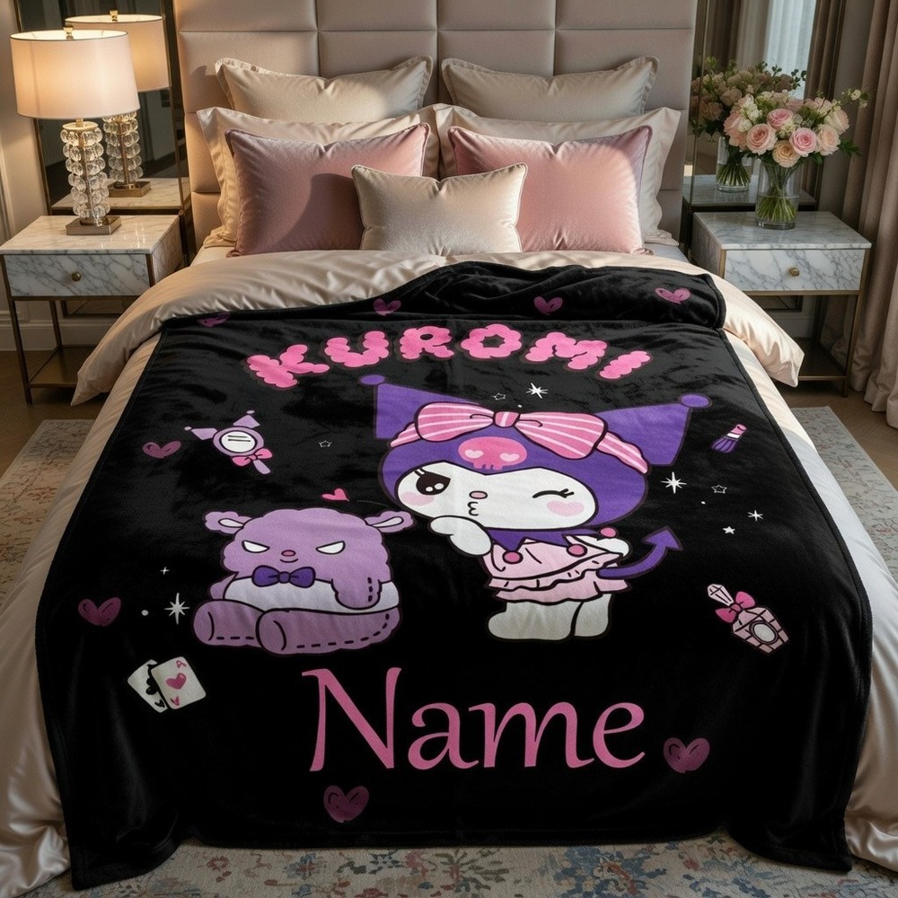 Personalized Cute Gothic Cartoon Flannel Blanket Custom Name Gift Throw