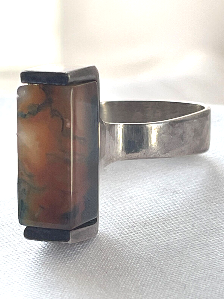 VINTAGE DENMARK STERLING SILVER MODERNIST MOSS AGATE RING SIZE 9