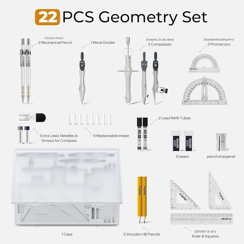 22 PCS Geometry Compass Drafting Tool Set with Case – Rulers, Protractor, Penc