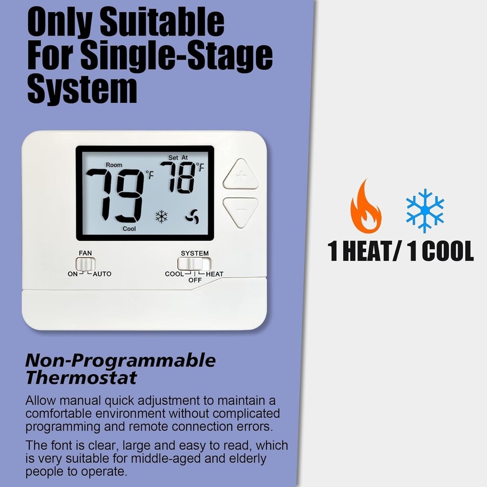 Modern White Backlit Thermostat for Efficient Single-Stage Climate Control