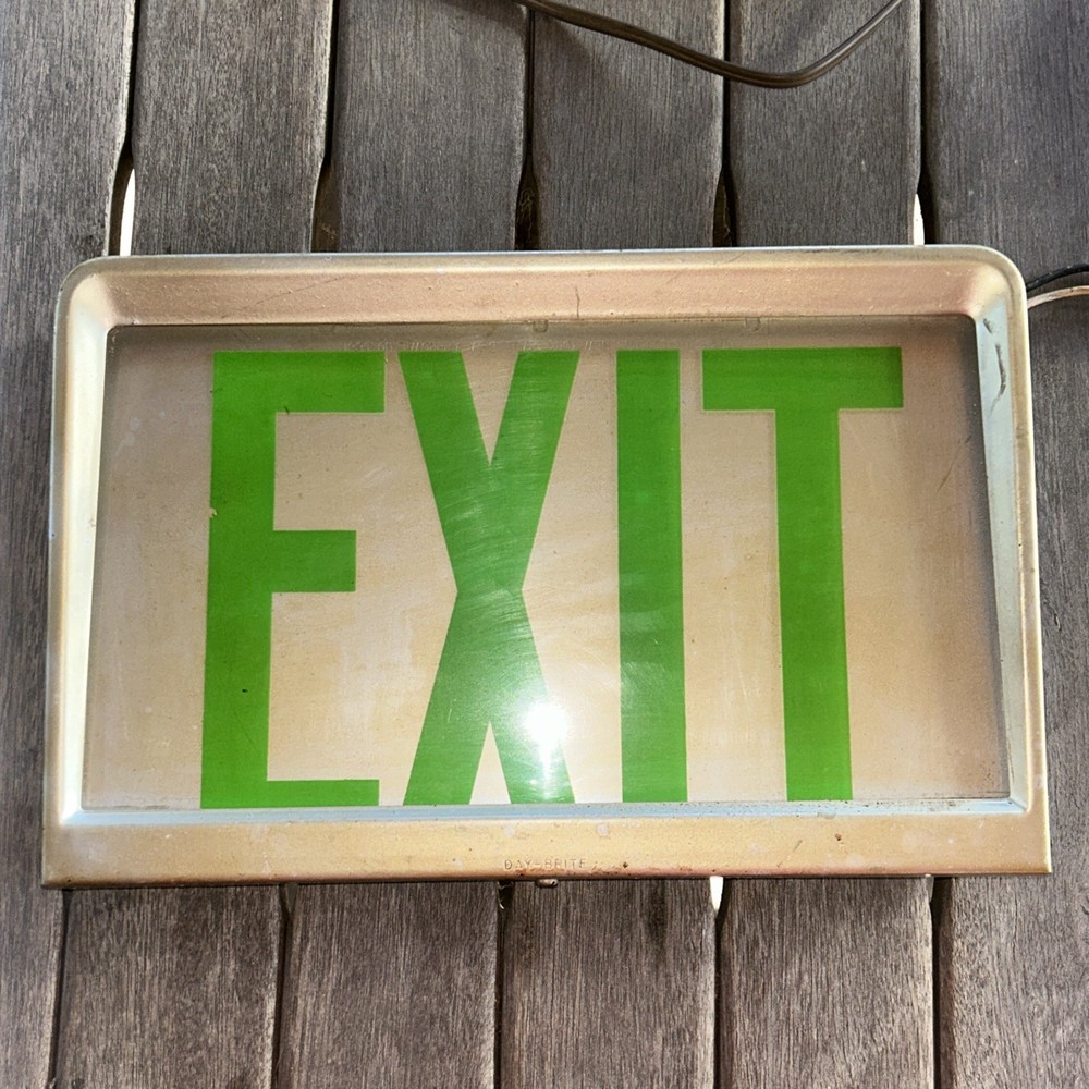 Vintage DAY BRITE EXIT Sign Metal Housing GREEN EXIT Plexiglass Model 5681