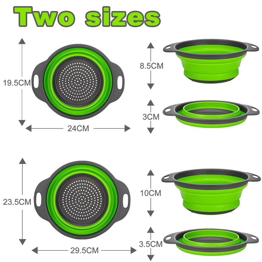 2 Pack Green Collapsible Silicone Colanders, Round Kitchen Strainer Set