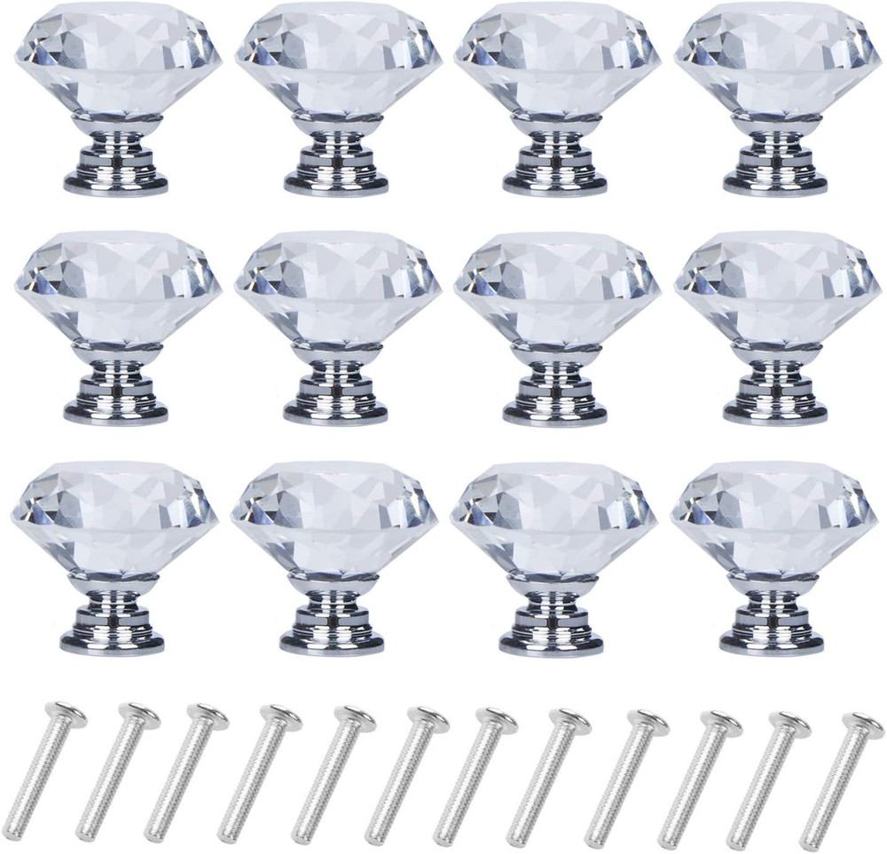 12 Pack Drawer Knobs Diamond Shaped Crystal Glass 30mm Cabinet Knobs Pull Handle