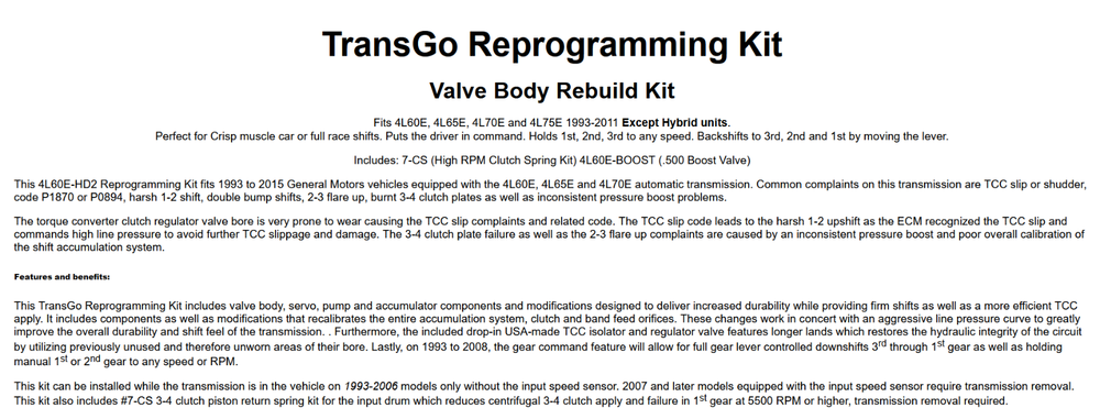 TransGo Shift Kit GM 4L60E Includes .500" Boost Valve (4L60E-HD2) 1993-up