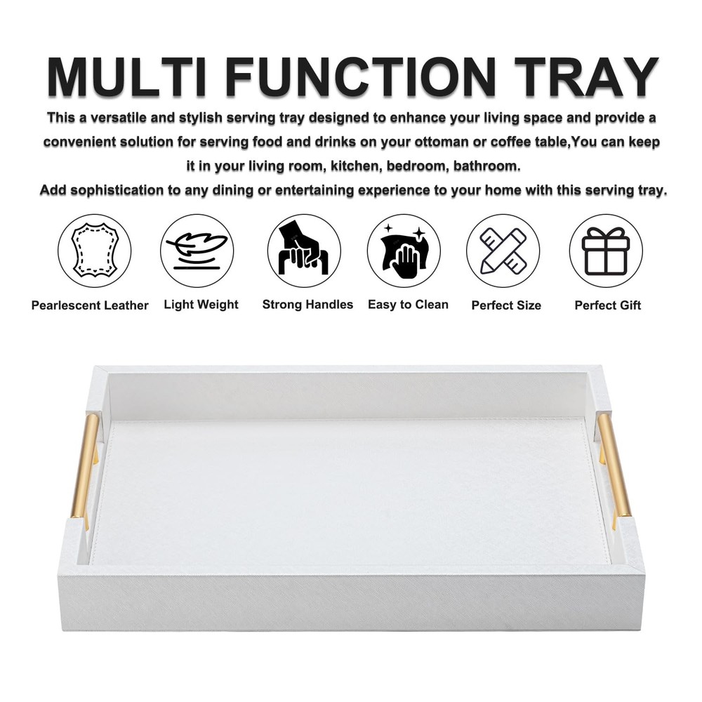White Leather Decorative Coffee Table Ottoman Tray - Modern Large Rectangle Serv