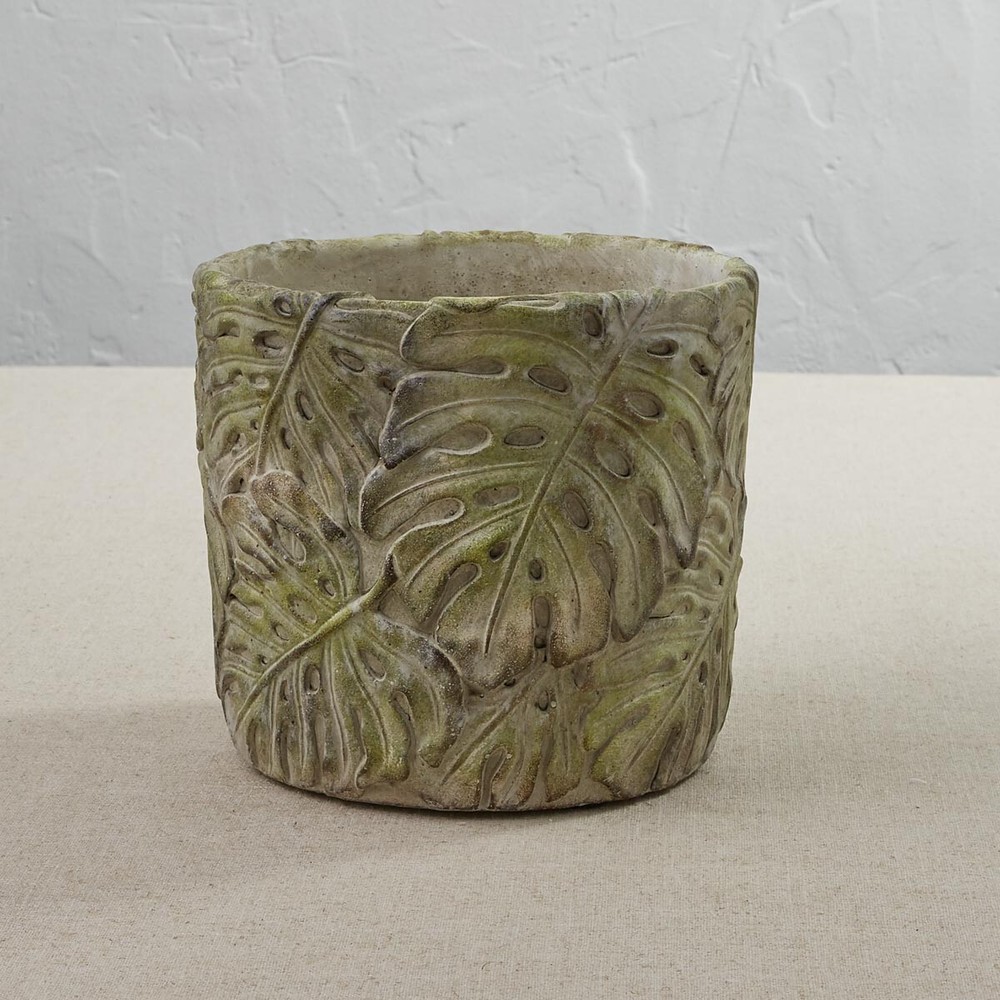 Green Leaf Design Planter Ceramic Embossed Flower Pot Tropical
