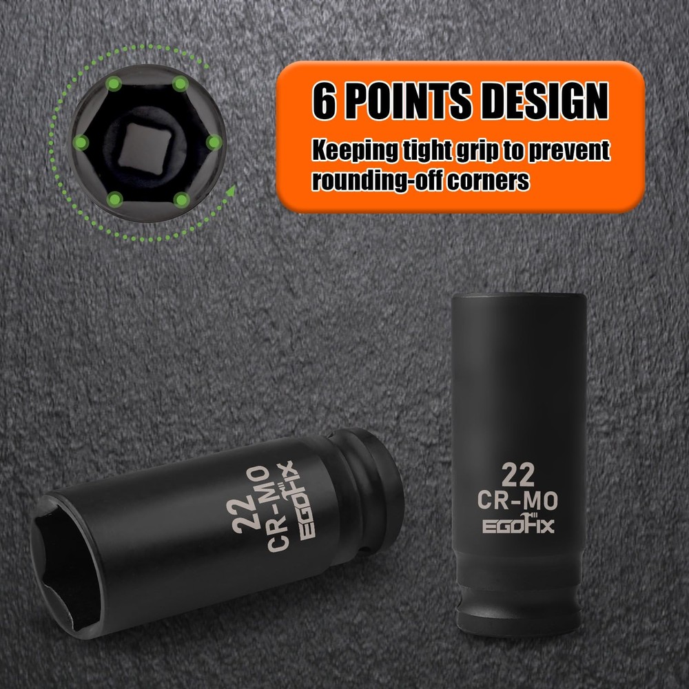 EGOFIX 22mm Socket 1/2" Drive Deep Impact Metric Socket,CR-MO 22mm,