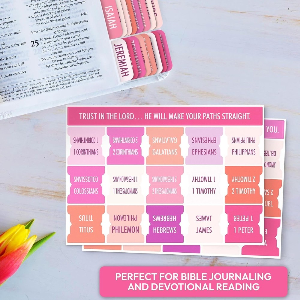 90 Pink Bible Tabs, Large Print Laminated Study Index Tabs