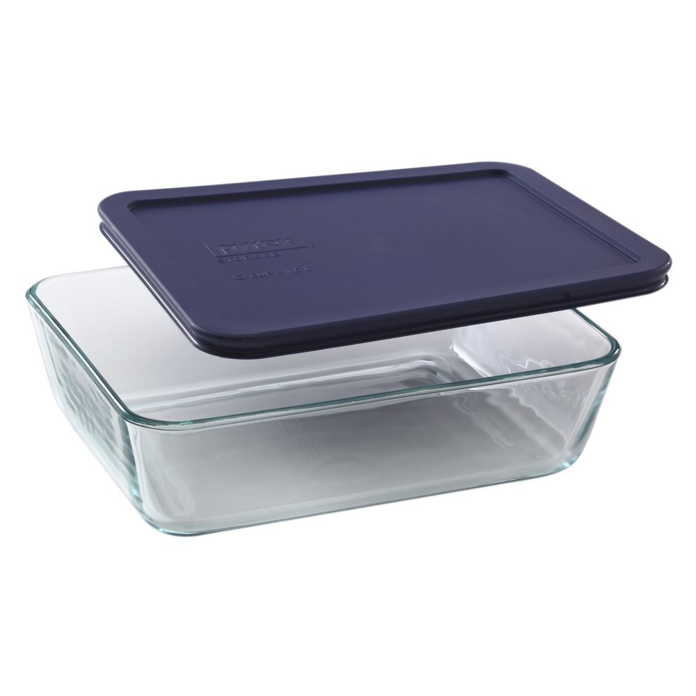Pyrex 6 Cup Food Storage Container Set with Blue Plastic Lids 4 Pack