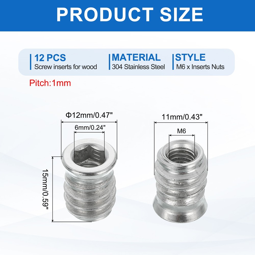 12Pcs Threaded Inserts Nuts, M6x15mm Hex Socket Drive Nut Inserts for Wood
