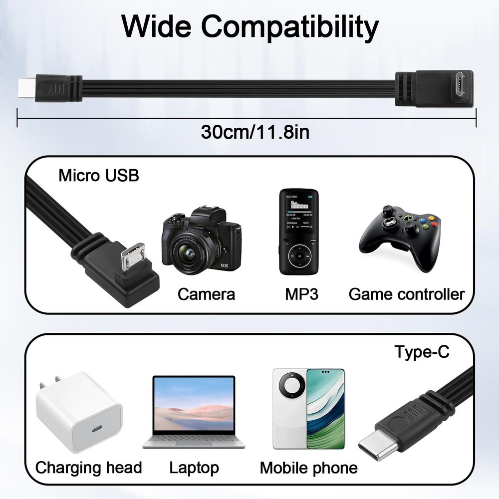 JSADZKJ Flexible USB Type-C to Micro Cable,90 Degree 30 centimeters