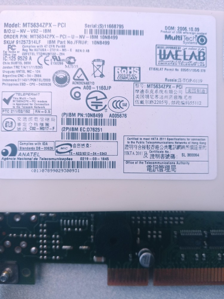 MULTI-TECH MT5634ZPX-PCI V92 56KBPS INTERNAL MODEM TESTED