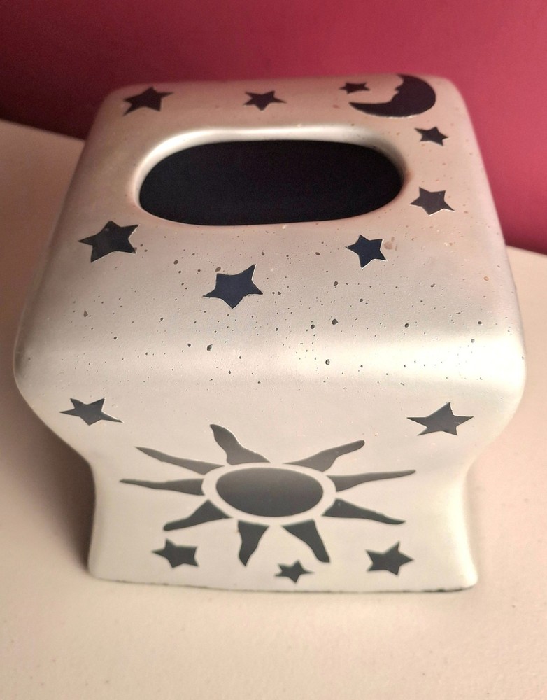 Celestial Silver Tissue Box, Moon, Sun, Stars, Heavy Ceramic
