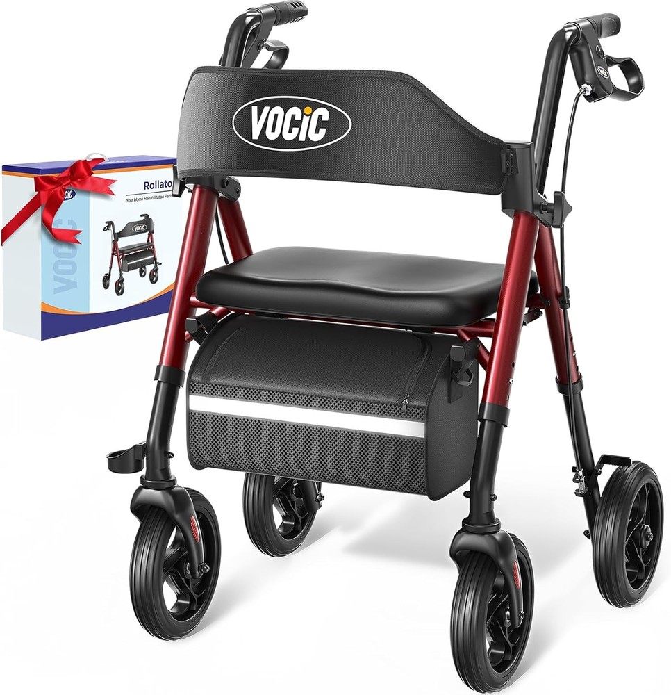 Foldable Rollator Walker Seat 350lb 8" Wheels Adjustable Backrest Support