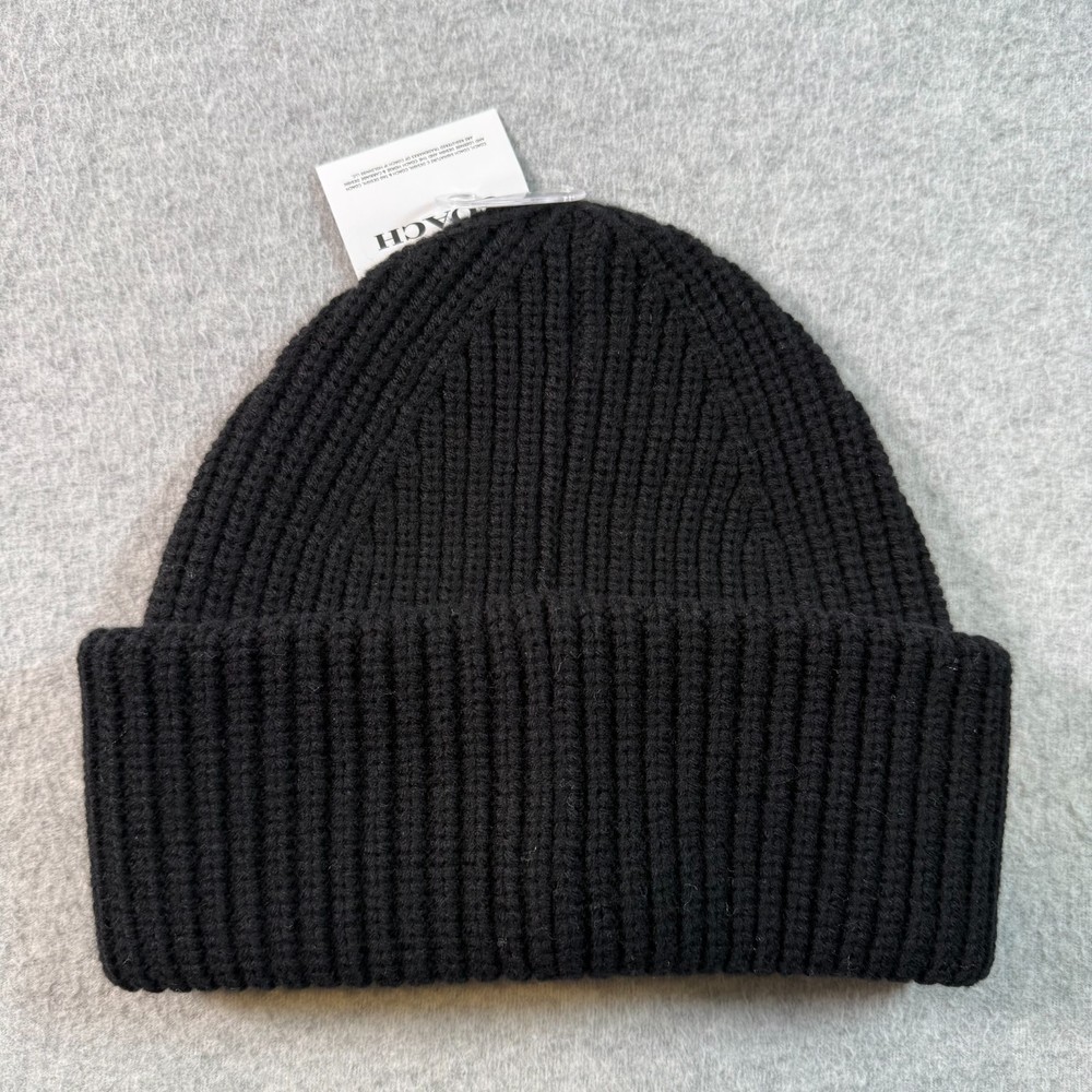 Coach Black Wool Knit Beanie Hat Womens Logo Patch Classic Solid One Size NWT