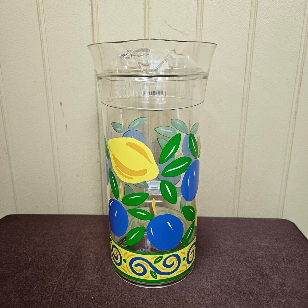Trudeau Plastic Pitcher 10.5" x 4.5" Multicolor Fruit Lemons Plums with Lid