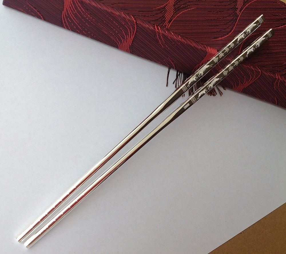 Chinese Authentic Sterling Silver 70g Home Tableware Solid Chopsticks 年年有余(鱼)