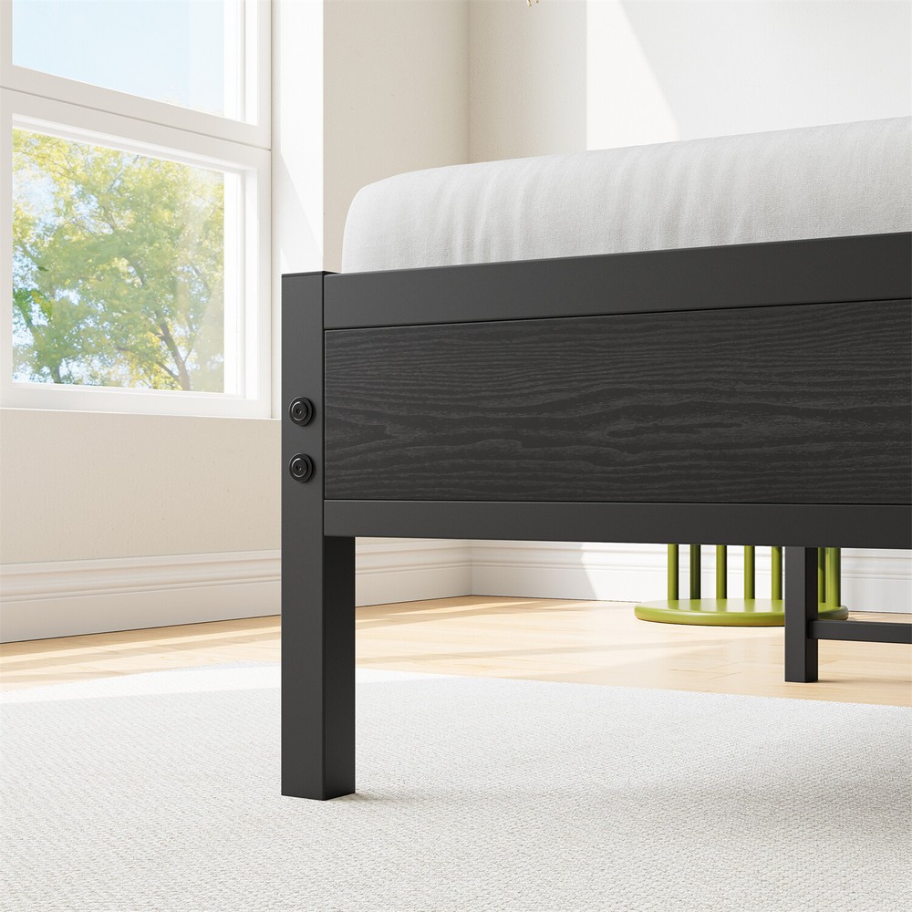 Twin/Full Size Bed Frame Metal Platform Bed Frame w/ Storage Headboard Black