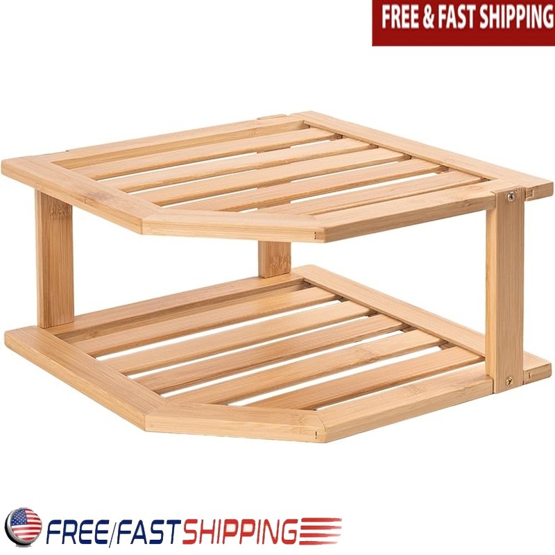 Bamboo Plate Organizer Adjustable Kitchen Corner Shelf Durable Dish Rack Storage