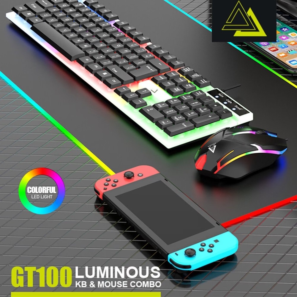 Rainbow LED Gaming Wired Keyboard and Mouse Set Multi-Colored Backlight Mouse