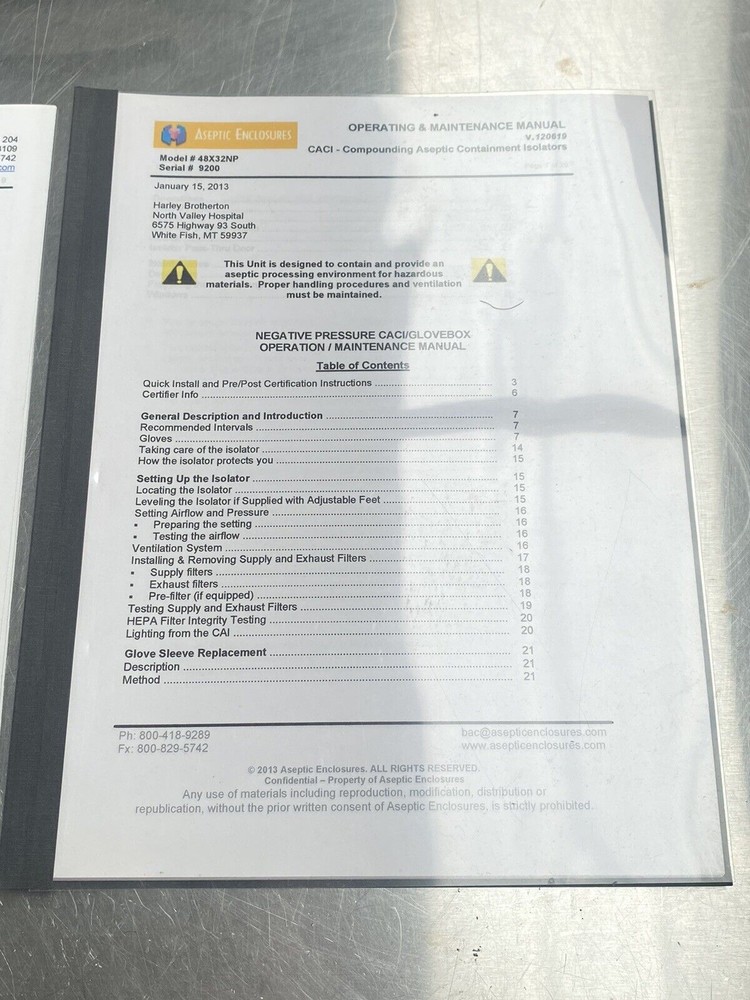 Aseptic Enclosures - Users Manual / Instructions Book