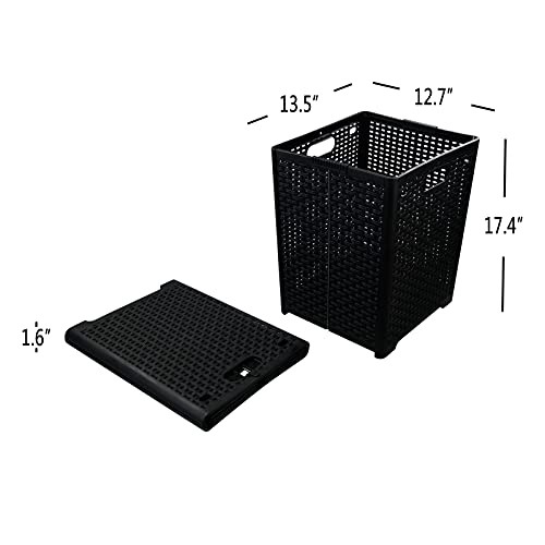 42 L Plastic Storage Basket, Folding Laundry Hamper, Black, 2 Packs