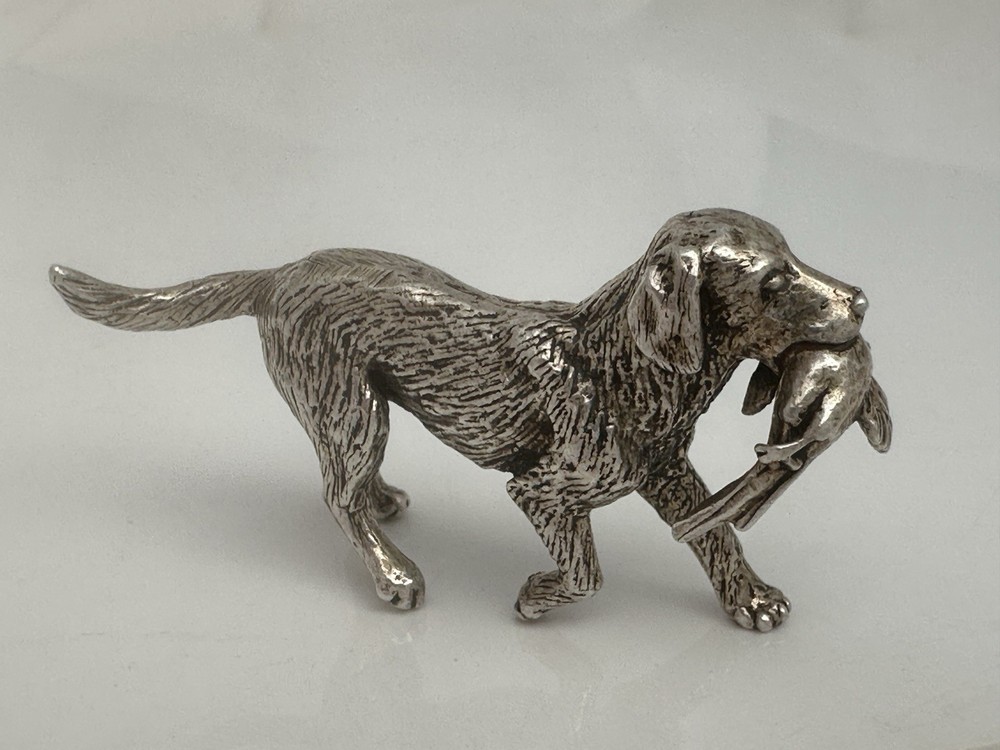 Vintage Solid Silver Miniature Retriever With Duck c.1979