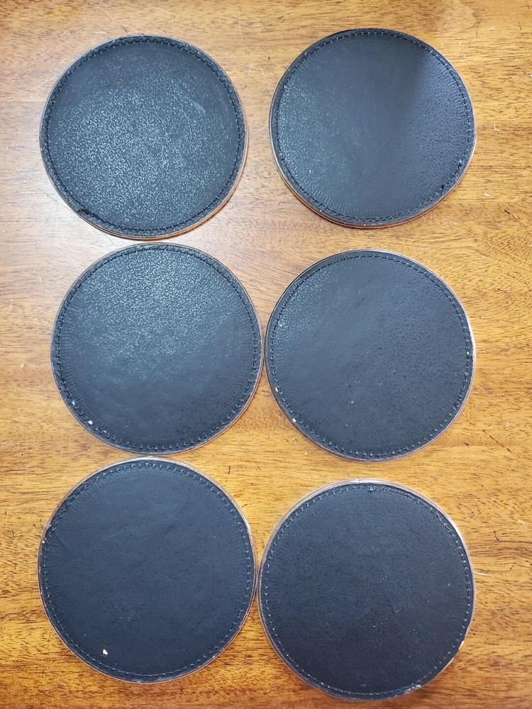 Cusco Peru Tooled painted Leather Coaster Set 6 Each 4” W/ Holder
