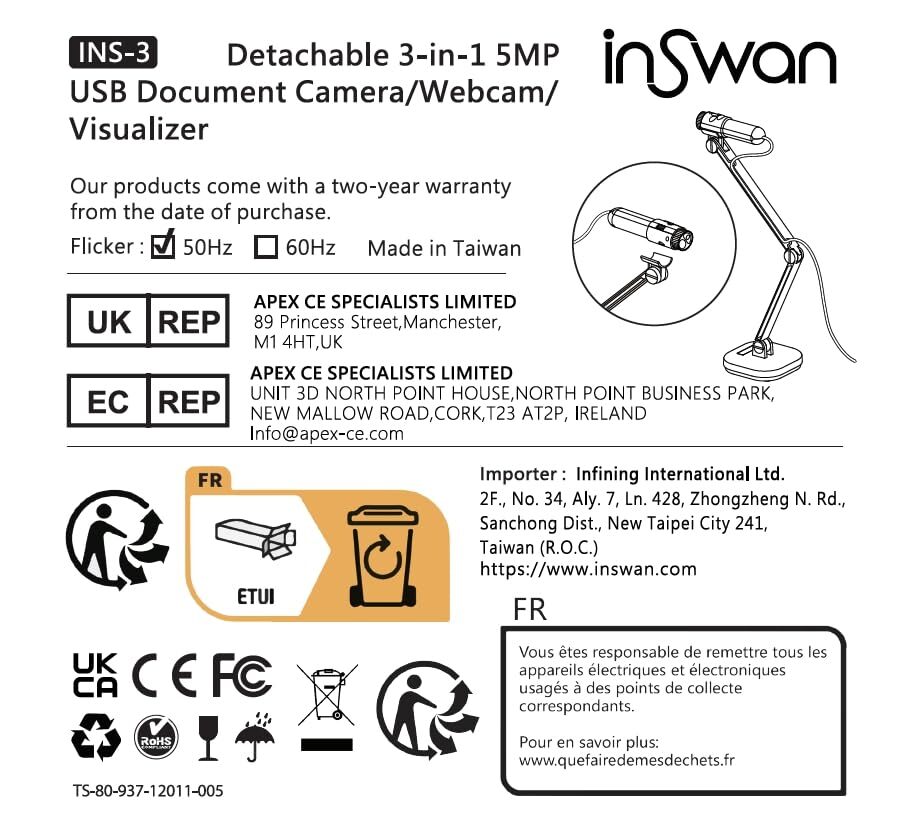 INS-3 Handheld Webcam/USB Document Camera for Classroom Built-in Mic Light Au...