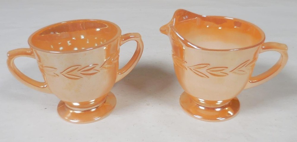 Fire King Peach Luster Laurel Leaf Creamer & Sugar Bowl