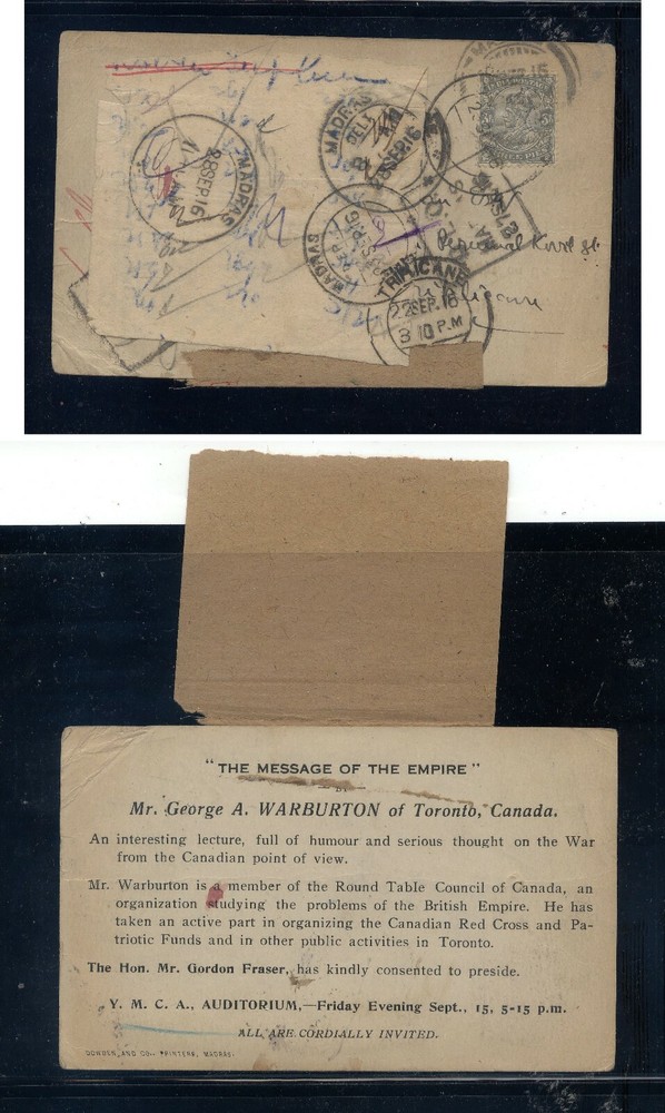 India  post card to  Canada,  returned,  great  markings
