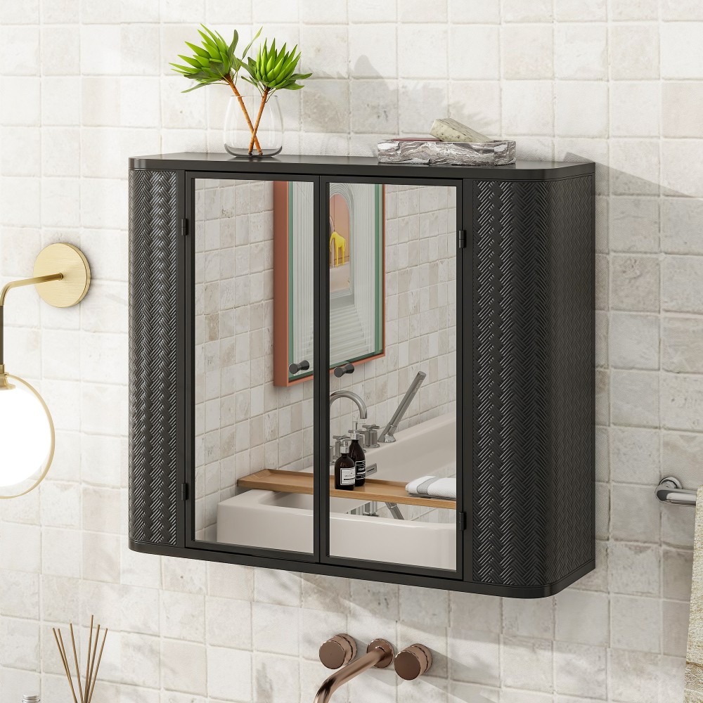 Wall Mounted Bathroom Cabinet W Mirror 2 Mirrored Doors Open Compartment