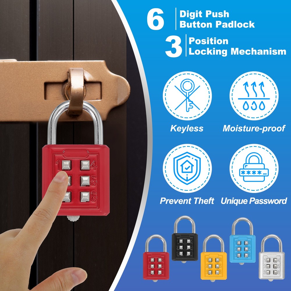 Push Button Combination Padlock 6-Digit 3-Position Lock Red