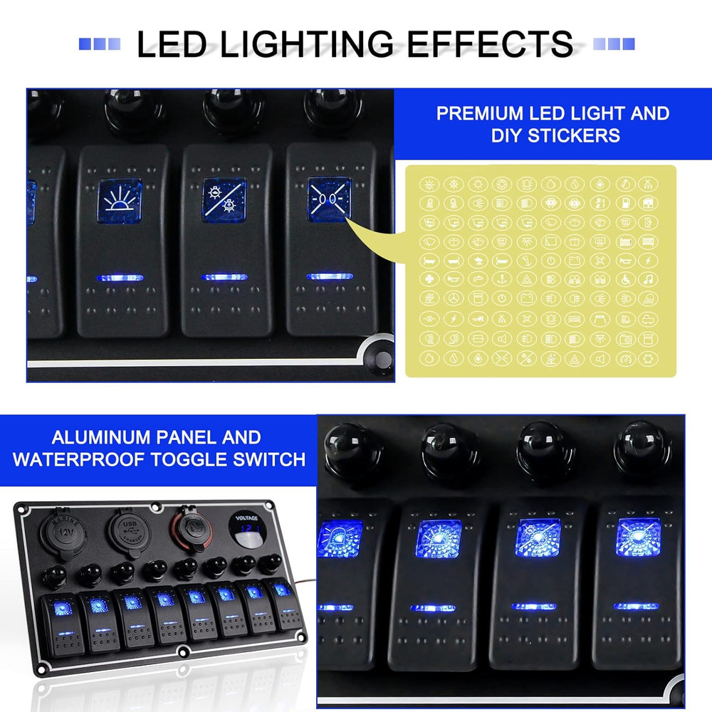 Marine Switch Panel Waterproof,8 Gang Boat Rocker Switch Panel,Multi-Function To