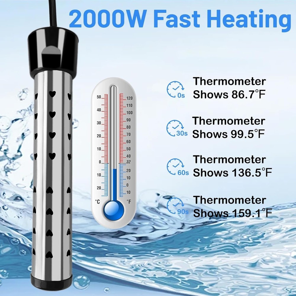 Calentador de agua de inmersión eléctrico de 2000 W, calentador de agua portátil