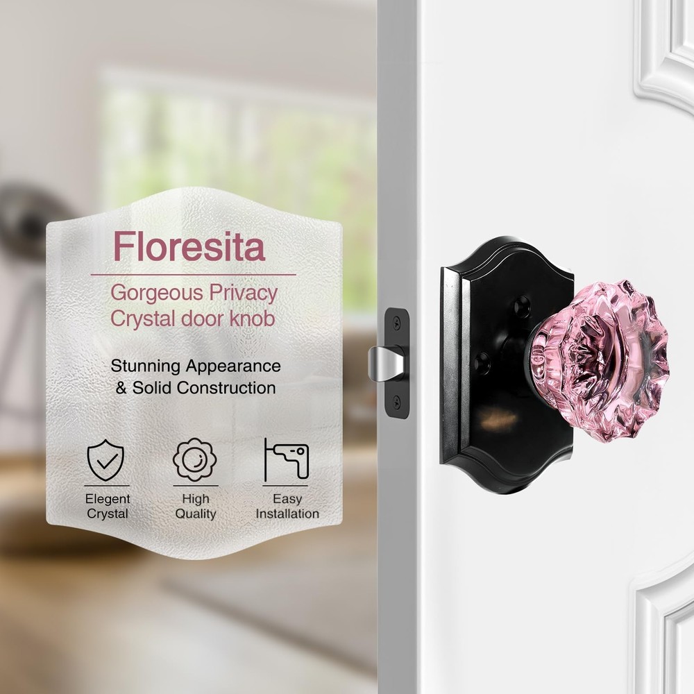 Crystal Door Knobs, Pink Black Glass Door Knobs Interior Rose Shape with Lock...