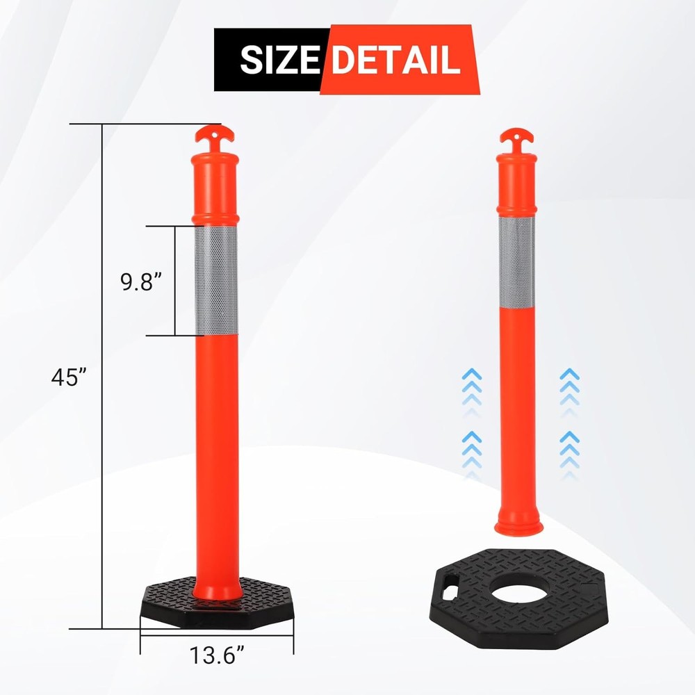 Sturdy 45" PE Delineator Pole with 10" Reflective Collar & Removable Rubber Base
