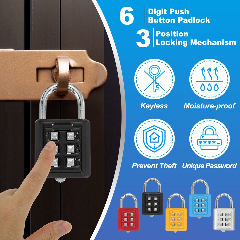 2Pcs Push Button Combination Padlock 6-Digit 3-Position Lock Black